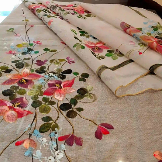 Delicate Wild Blooms Hand-Painted On Soft Kota Dupatta