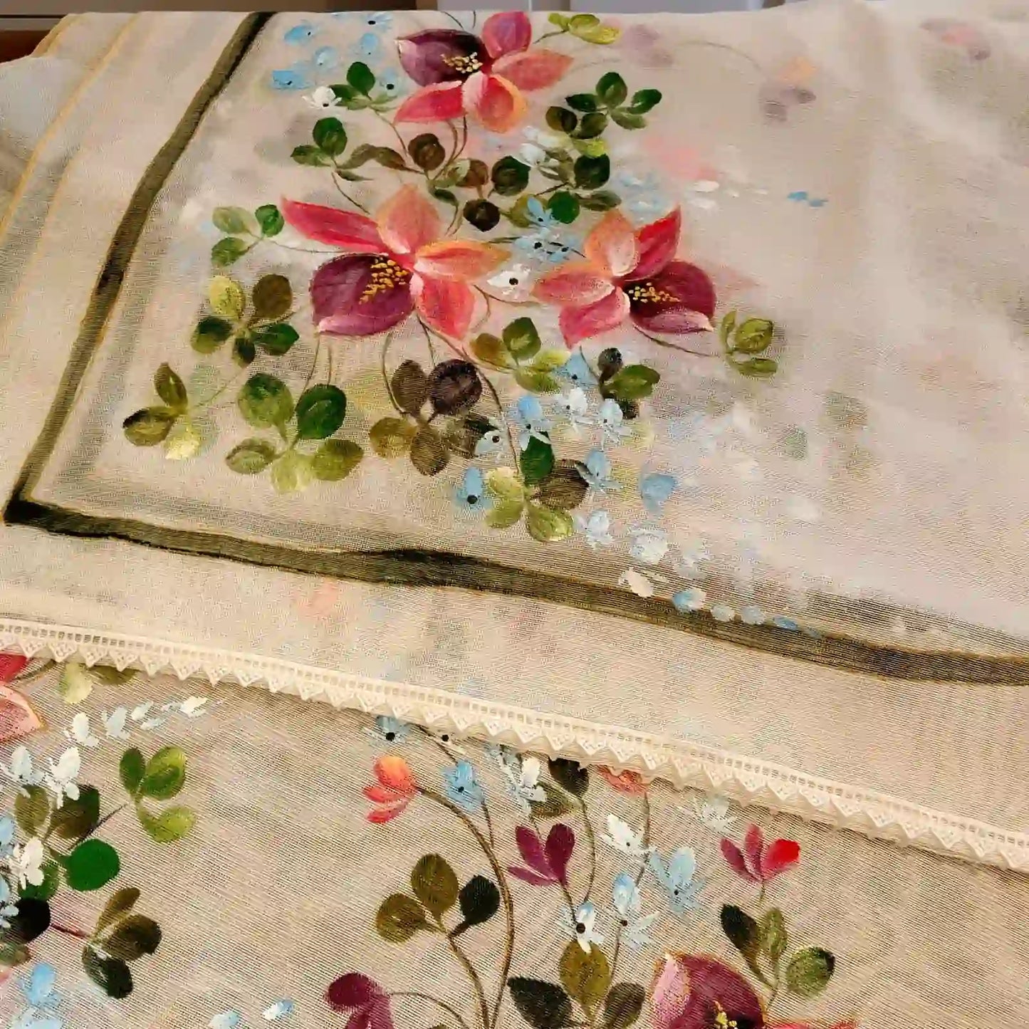 Delicate Wild Blooms Hand-Painted On Soft Kota Dupatta