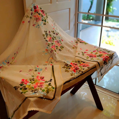Delicate Wild Blooms Hand-Painted On Soft Kota Dupatta