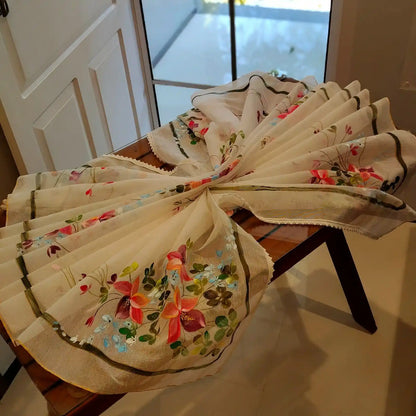 Delicate Wild Blooms Hand-Painted On Soft Kota Dupatta