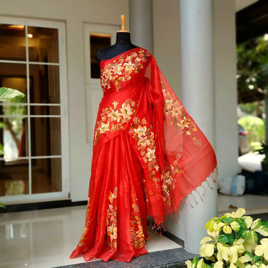 Radiant Red Handloom Tissue Saree, Beautifully Hand-Painted To Perfection