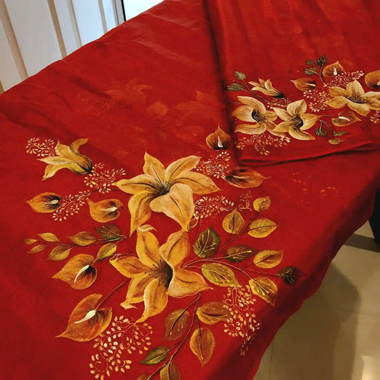 Radiant Red Handloom Tissue Saree, Beautifully Hand-Painted To Perfection