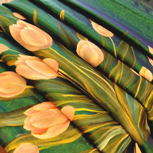 Tulips Hand-Painted On Tissue Hndloom Saree