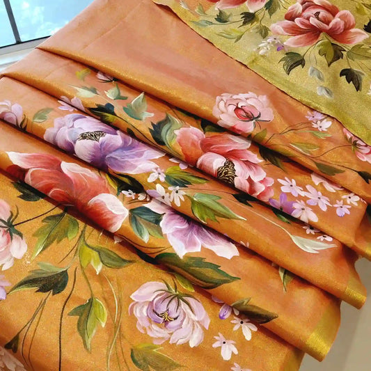 Hand-Painted Linen Tissue Saree With Beautiful Florals