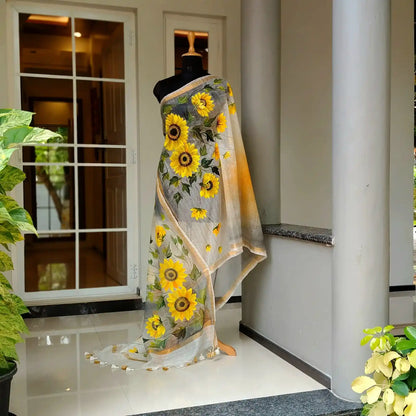 Elegant Hand-Painted Kota Doria Dupatta With Graceful Floral Artistry