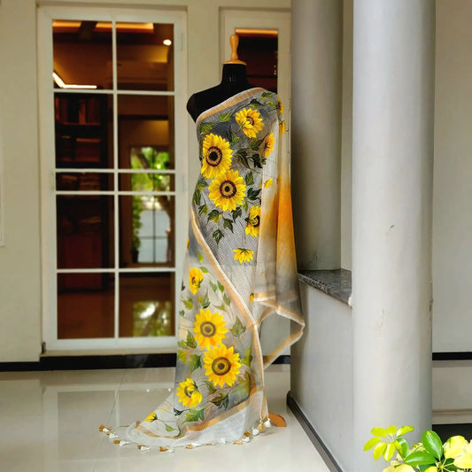 Elegant Hand-Painted Kota Doria Dupatta With Graceful Floral Artistry