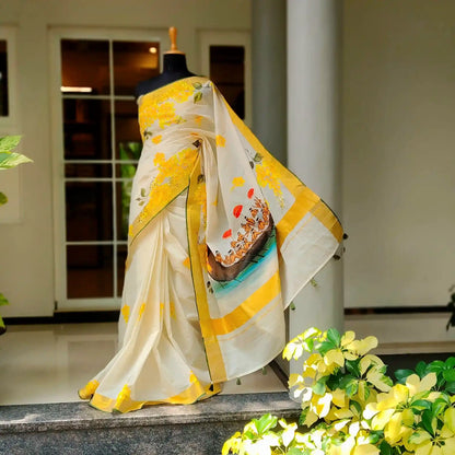Kasavu Saree Featuring  Hand-Painted Boat Race Motif