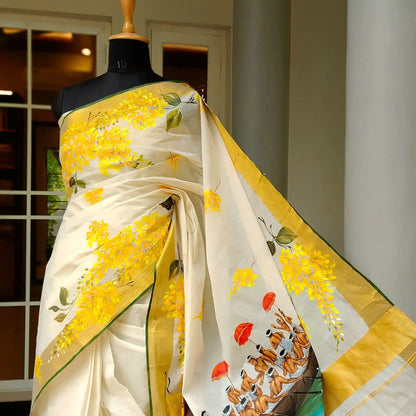 Kasavu Saree Featuring  Hand-Painted Boat Race Motif