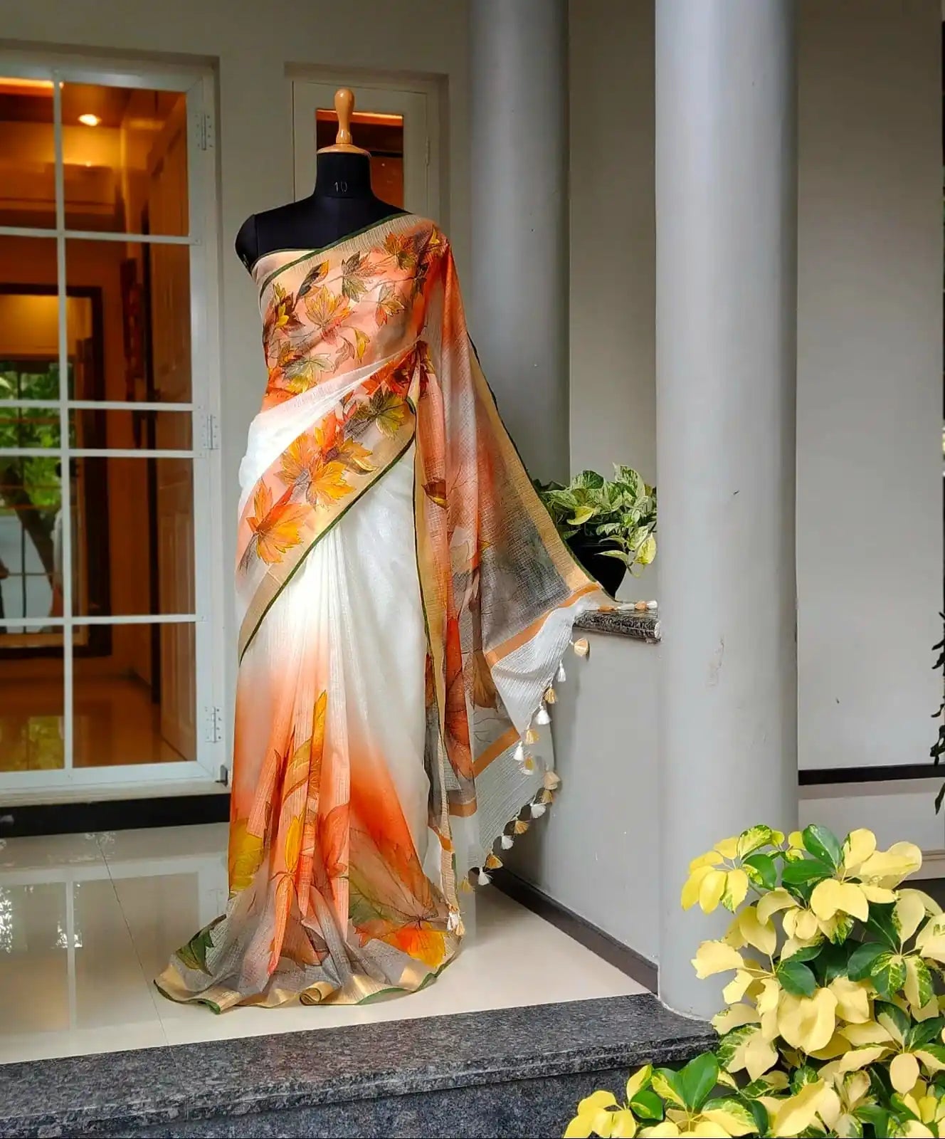 Soft Maple Leaf Hues On Light Kota Doria Saree