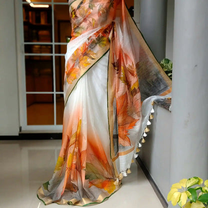 Soft Maple Leaf Hues On Light Kota Doria Saree