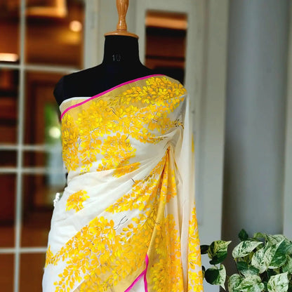 Graceful Kani Konna Florals on Kerala Kasavu -Subtle, Intricate, Timeless
