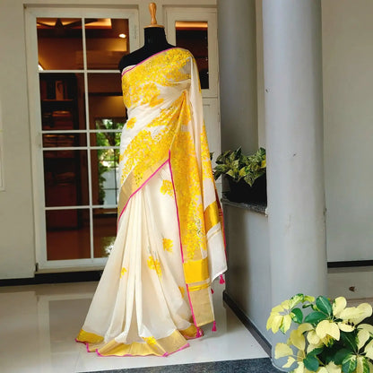 Graceful Kani Konna Florals on Kerala Kasavu -Subtle, Intricate, Timeless
