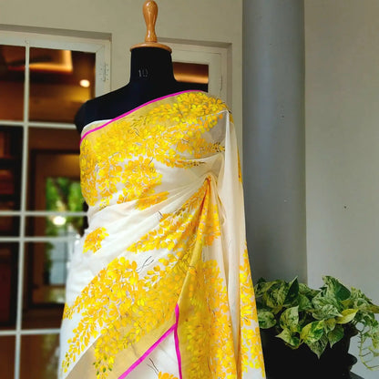 Graceful Kani Konna Florals on Kerala Kasavu -Subtle, Intricate, Timeless