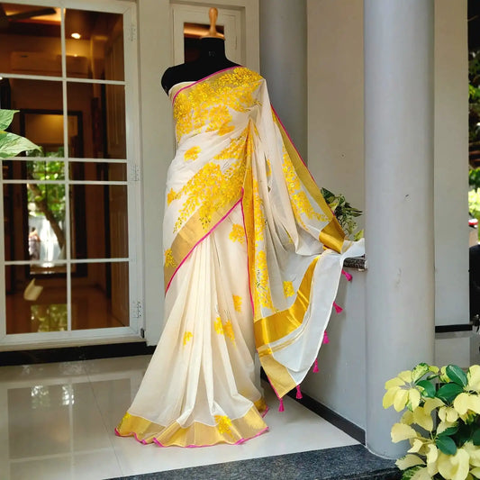 Graceful Kani Konna Florals on Kerala Kasavu -Subtle, Intricate, Timeless