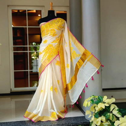 Graceful Kani Konna Florals on Kerala Kasavu -Subtle, Intricate, Timeless