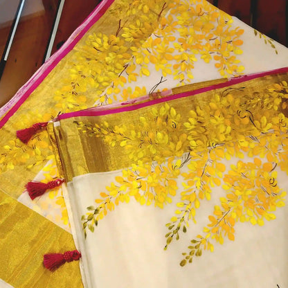 Graceful Kani Konna Florals on Kerala Kasavu -Subtle, Intricate, Timeless