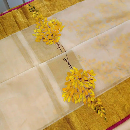 Graceful Kani Konna Florals on Kerala Kasavu -Subtle, Intricate, Timeless