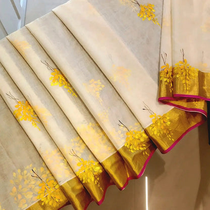 Graceful Kani Konna Florals on Kerala Kasavu -Subtle, Intricate, Timeless