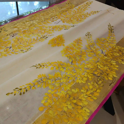 Graceful Kani Konna Florals on Kerala Kasavu -Subtle, Intricate, Timeless