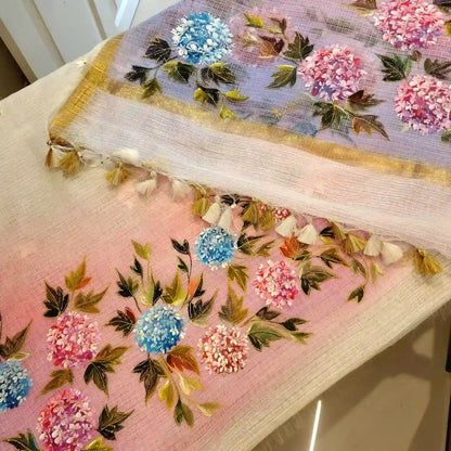 Elegant Floral Story On Kota Doria  Fabric