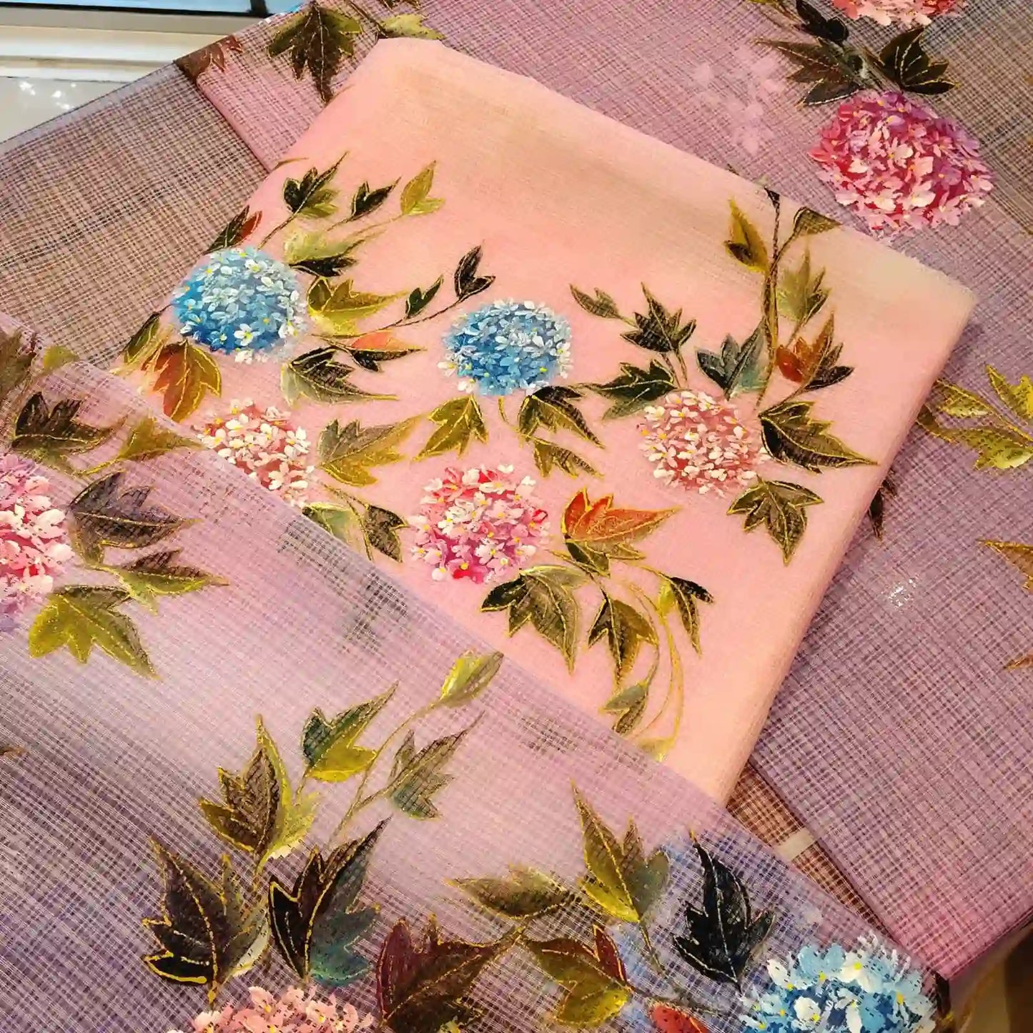 Elegant Floral Story On Kota Doria  Fabric