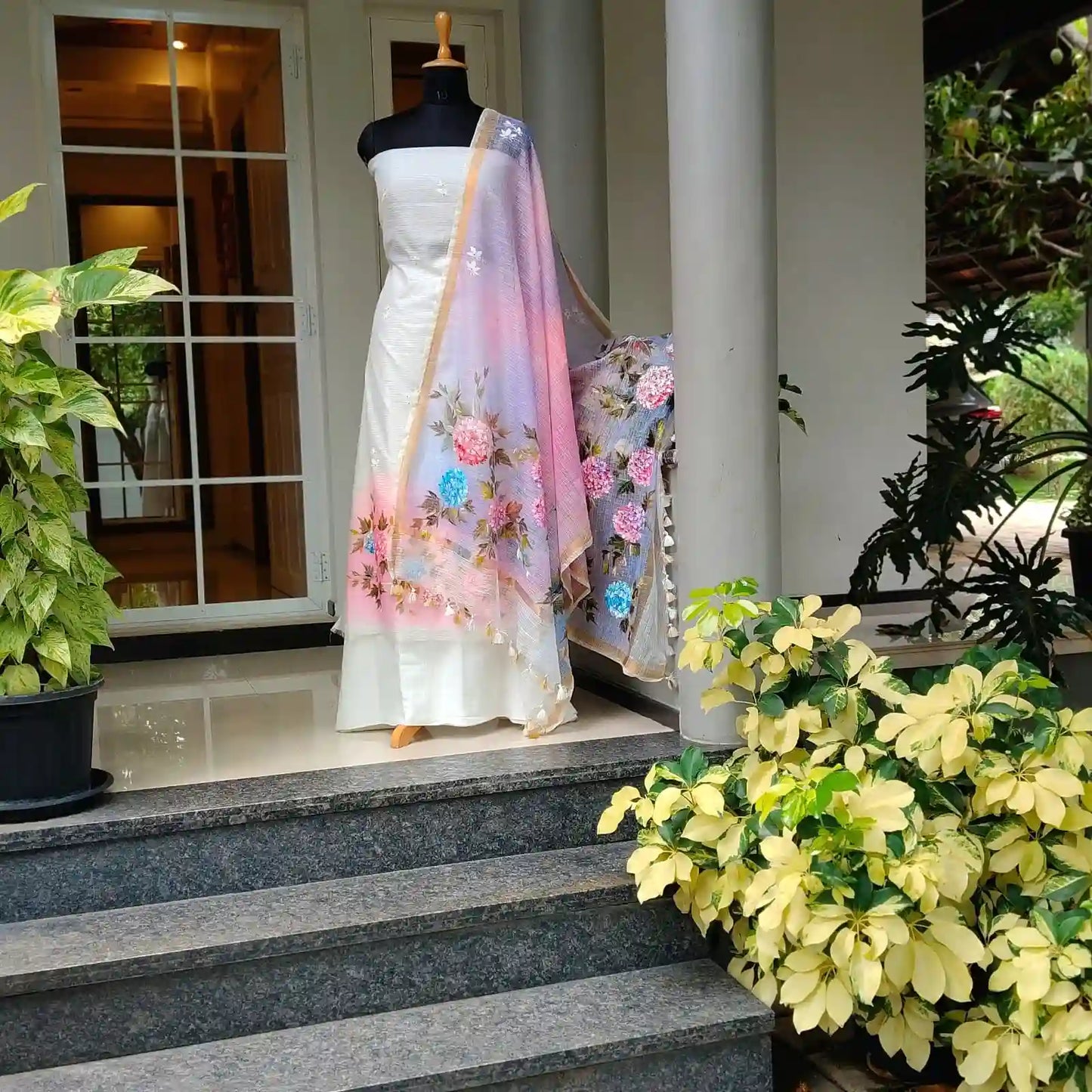 Elegant Floral Story On Kota Doria  Fabric