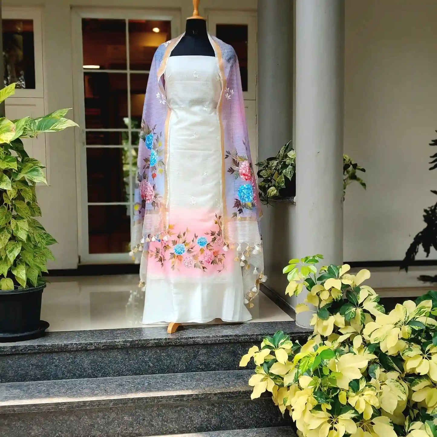 Elegant Floral Story On Kota Doria  Fabric