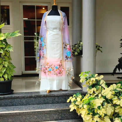 Elegant Floral Story On Kota Doria  Fabric