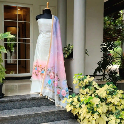 Elegant Floral Story On Kota Doria  Fabric