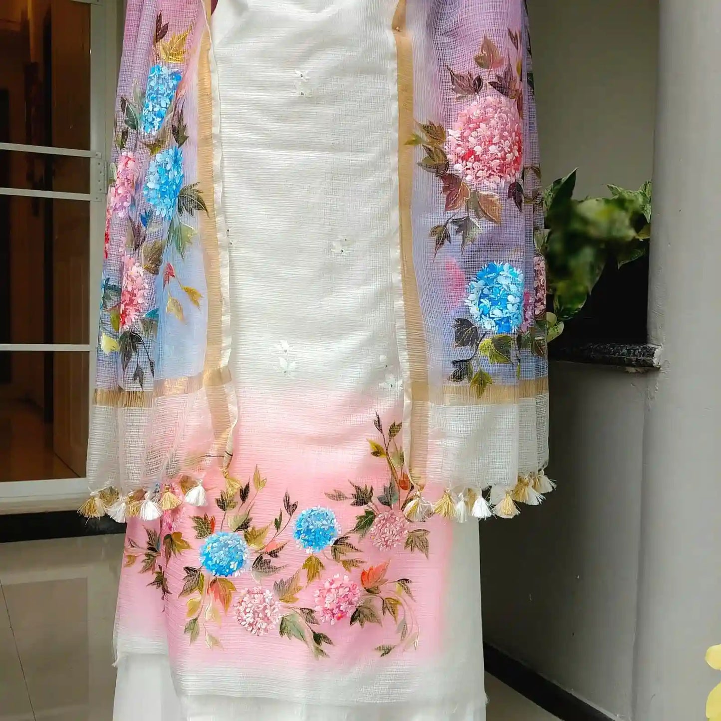 Elegant Floral Story On Kota Doria  Fabric