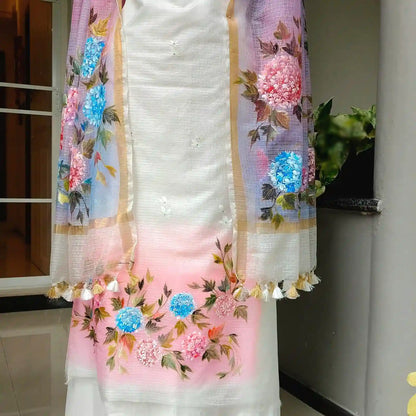 Elegant Floral Story On Kota Doria  Fabric