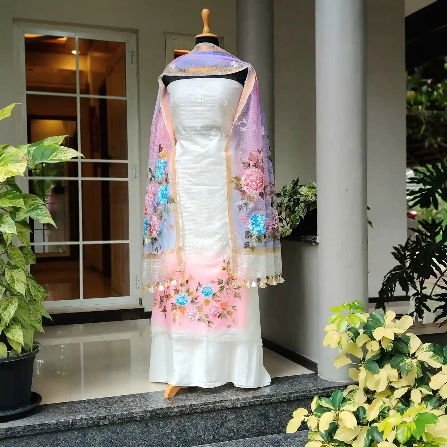 Elegant Floral Story On Kota Doria  Fabric
