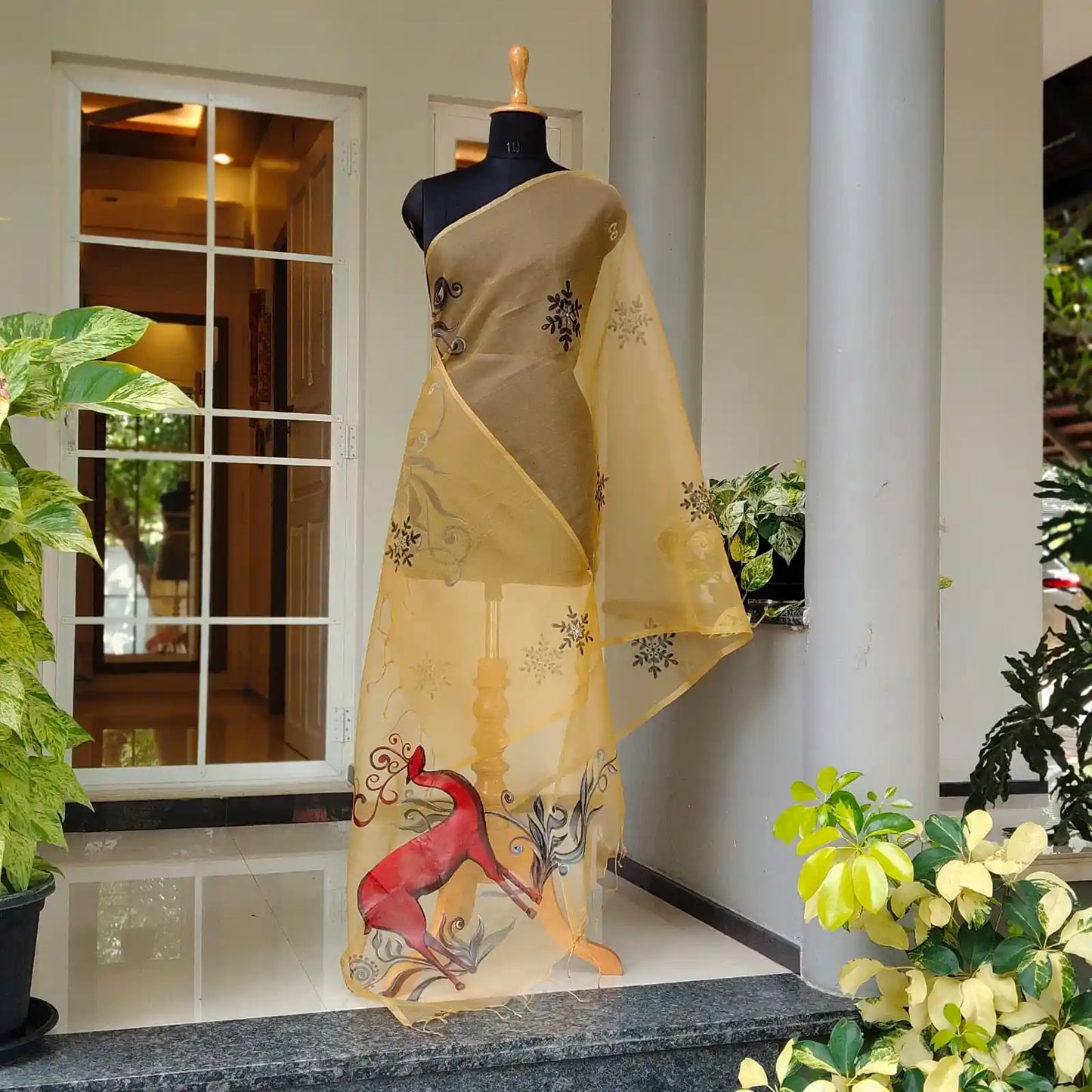 Hand-Painted Organza Dupatta with DeerAnd Star Motif