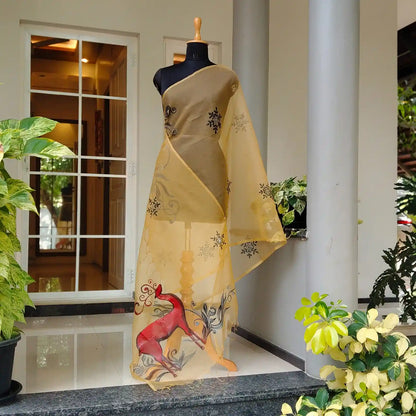 Hand-Painted Organza Dupatta with DeerAnd Star Motif