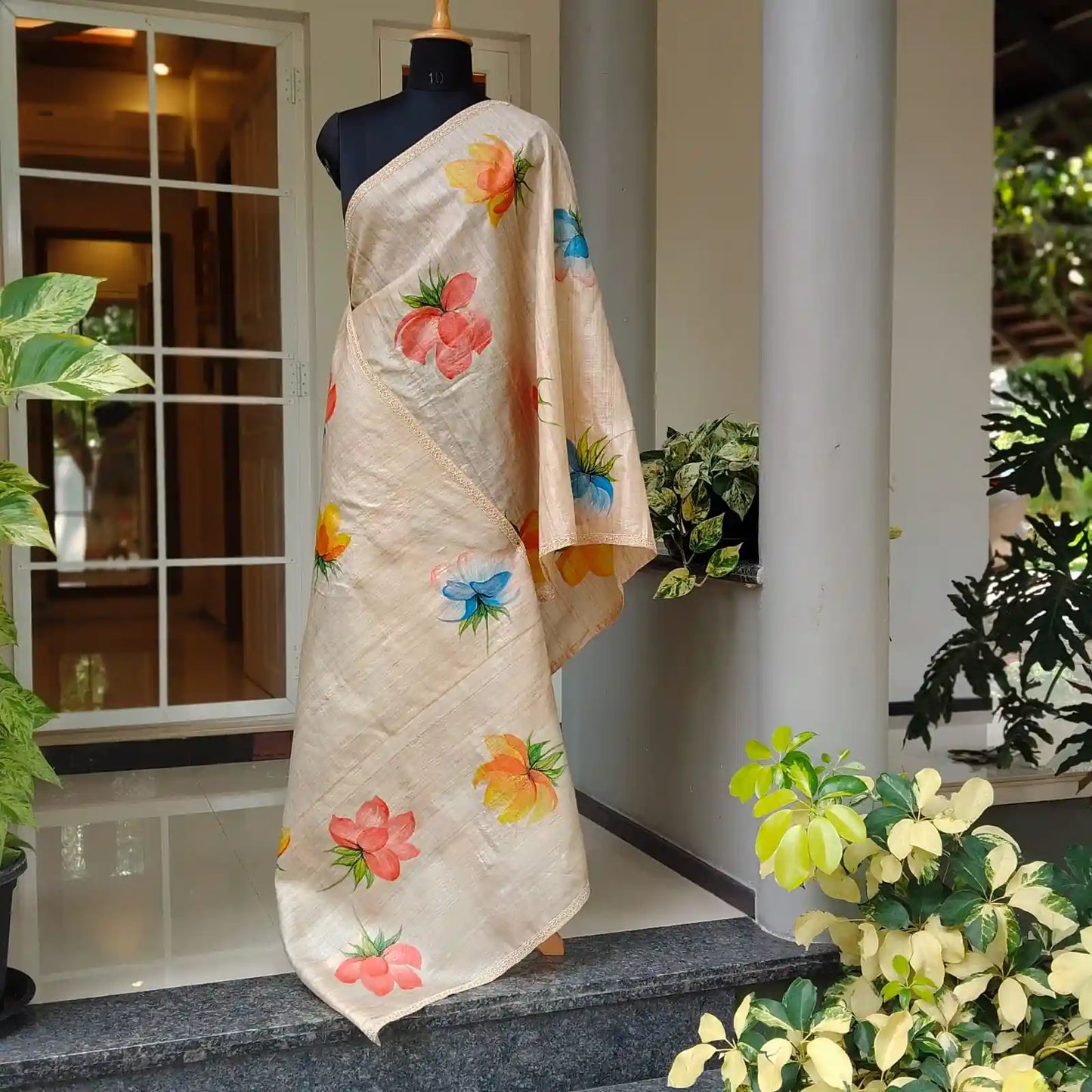 Hand-Painted Dupatta In Tusser Silk elegance