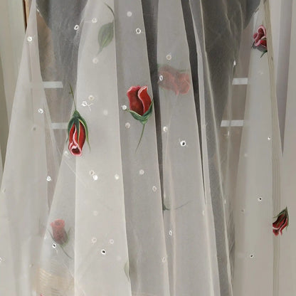 Rosebuds painted on Organza Dupatta