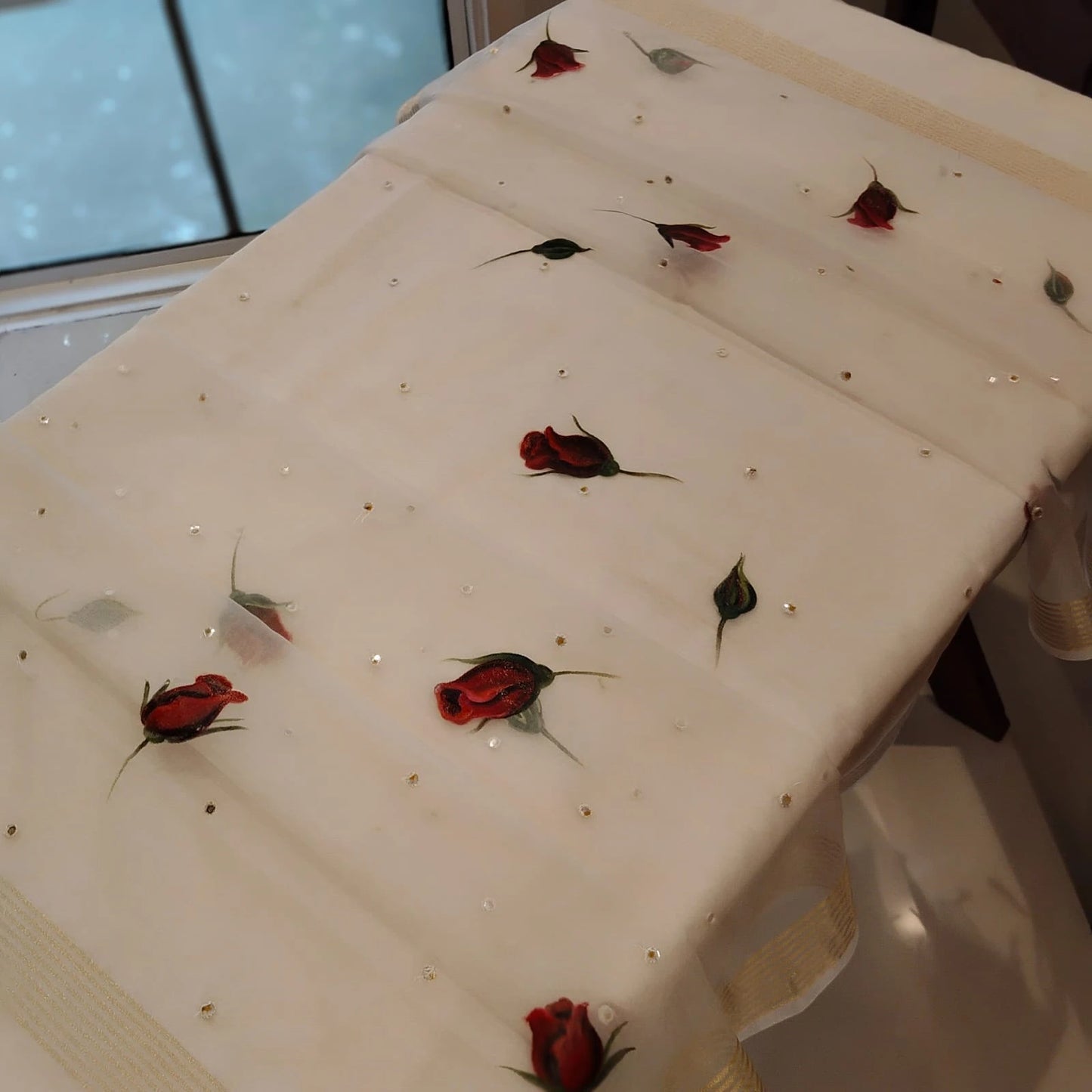 Rosebuds painted on Organza Dupatta