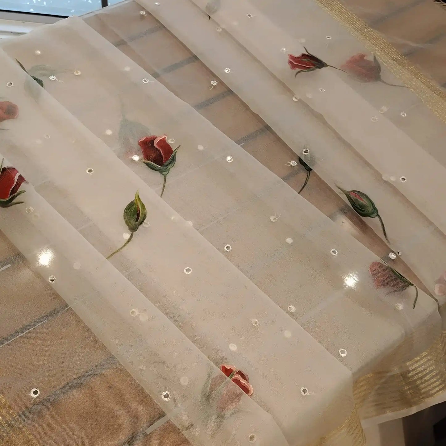 Rosebuds painted on Organza Dupatta