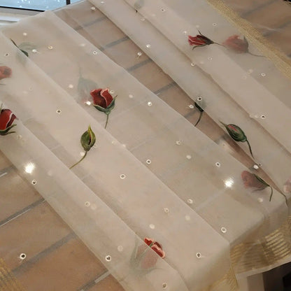 Rosebuds painted on Organza Dupatta