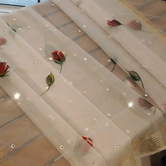 Rosebuds painted on Organza Dupatta