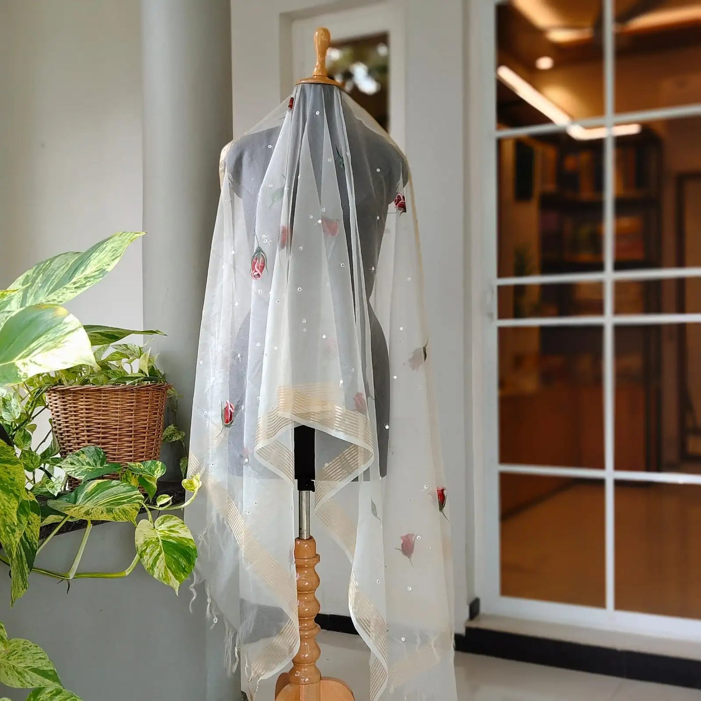 Rosebuds painted on Organza Dupatta