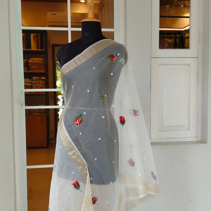 Rosebuds painted on Organza Dupatta