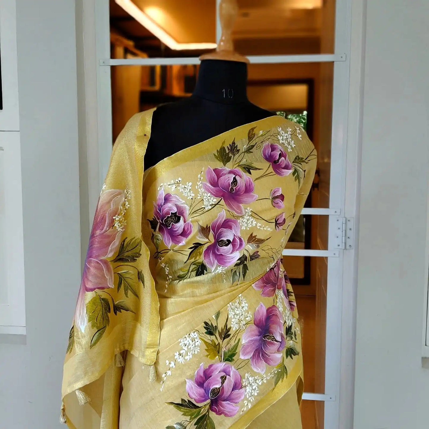 Elegant Linen Tissue Saree With Hand-Painted Peonies