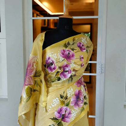 Elegant Linen Tissue Saree With Hand-Painted Peonies