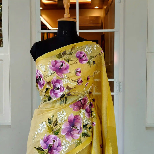 Elegant Linen Tissue Saree With Hand-Painted Peonies