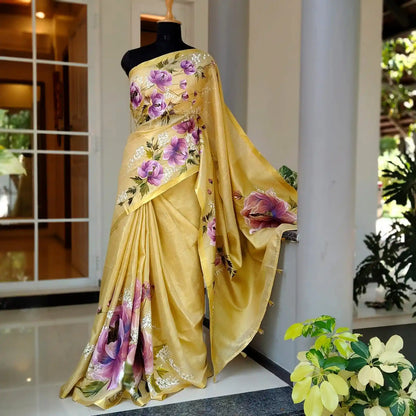 Elegant Linen Tissue Saree With Hand-Painted Peonies