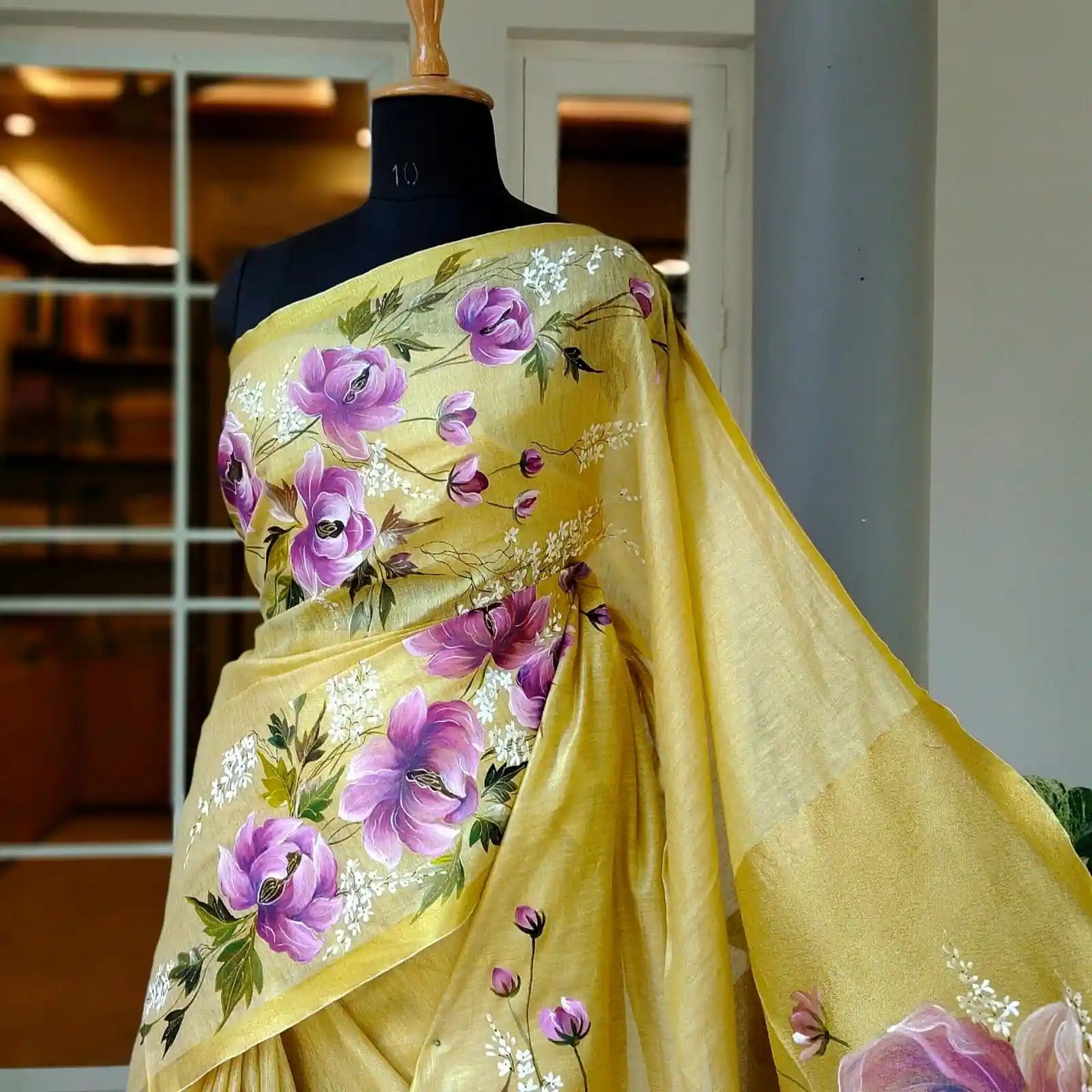 Elegant Linen Tissue Saree With Hand-Painted Peonies