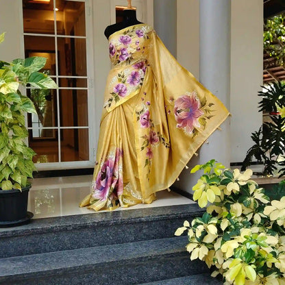 Elegant Linen Tissue Saree With Hand-Painted Peonies