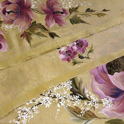Elegant Linen Tissue Saree With Hand-Painted Peonies