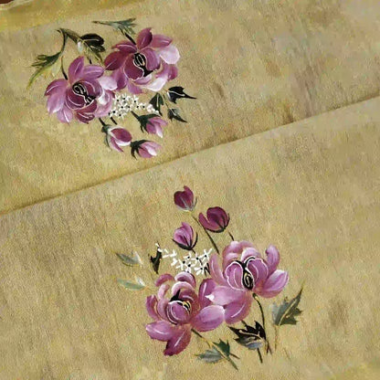 Elegant Linen Tissue Saree With Hand-Painted Peonies